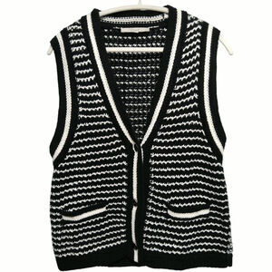Chunky SOFT Knit sweater vest blk/white striped Buttoned Varsity Acadamia Wom L